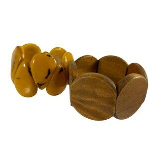 Lot 2 Chunky Wide Stretch Bracelets Yellow Tagua Nut Brown Wood Disc Hippie Boho